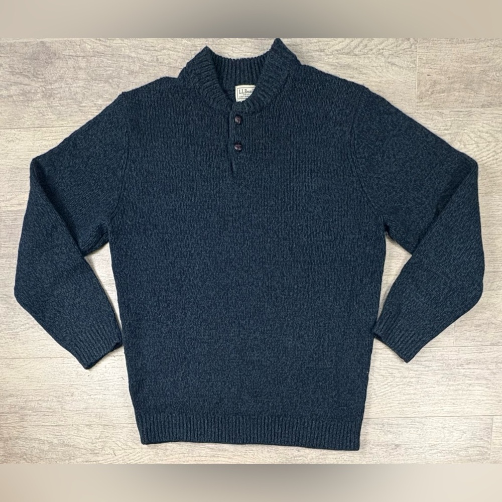 LL Bean 100% Lambs Wool Henley Leather Buttons Navy/Green Mens XL Tall